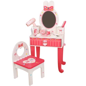 Pink Bunny Dressing Table Wooden Playhouse Toy for Kids Role Play Makeup Set Early Educational Pretend Play Furniture