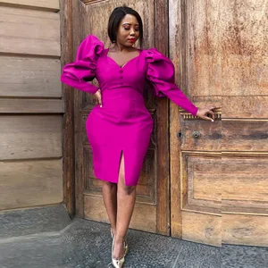 Lantern Sleeves Hollow Out Evening Gowns Women Pleated Side Slit Plus Size Midi Dresses Manufacturer Custom