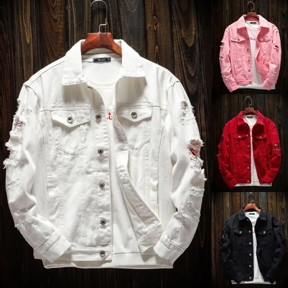 Mens Denim Jean Jacket Trendy Ripped Denim Male Streetwear Jackets Cowboy Coats