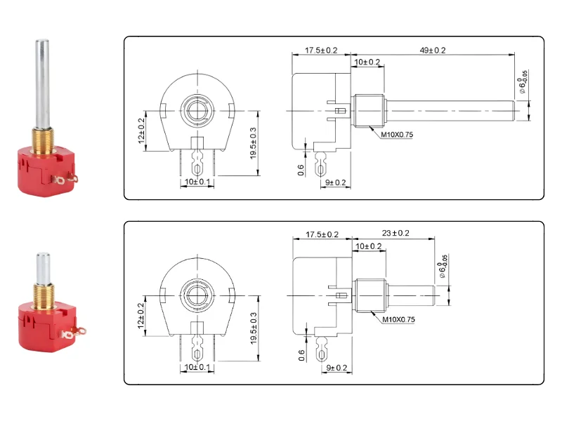 WX118 Red 23mm 49mm shaft linear 1k 2k 5k 10k 22k ohm 1w 5% Single Turn Wirewound Potentiometer