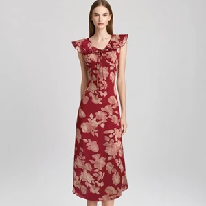 Custom High Quality Red Floral Maxi Dress with Ruffle V Neck and Bow