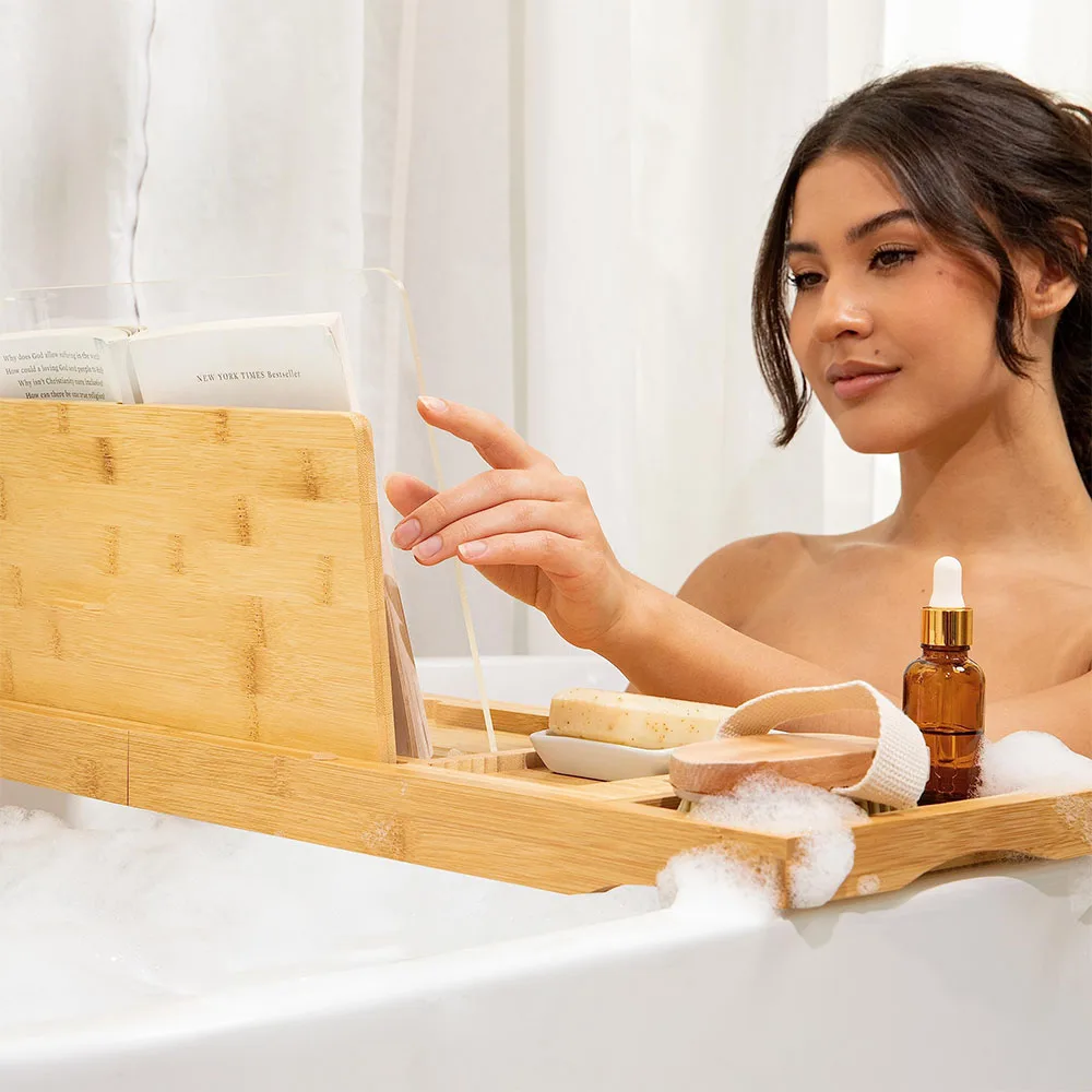 product luxury minimalist bathroom sets extendable bamboo rack  anti slip waterproof wine glass holder with bathhtub tray-11