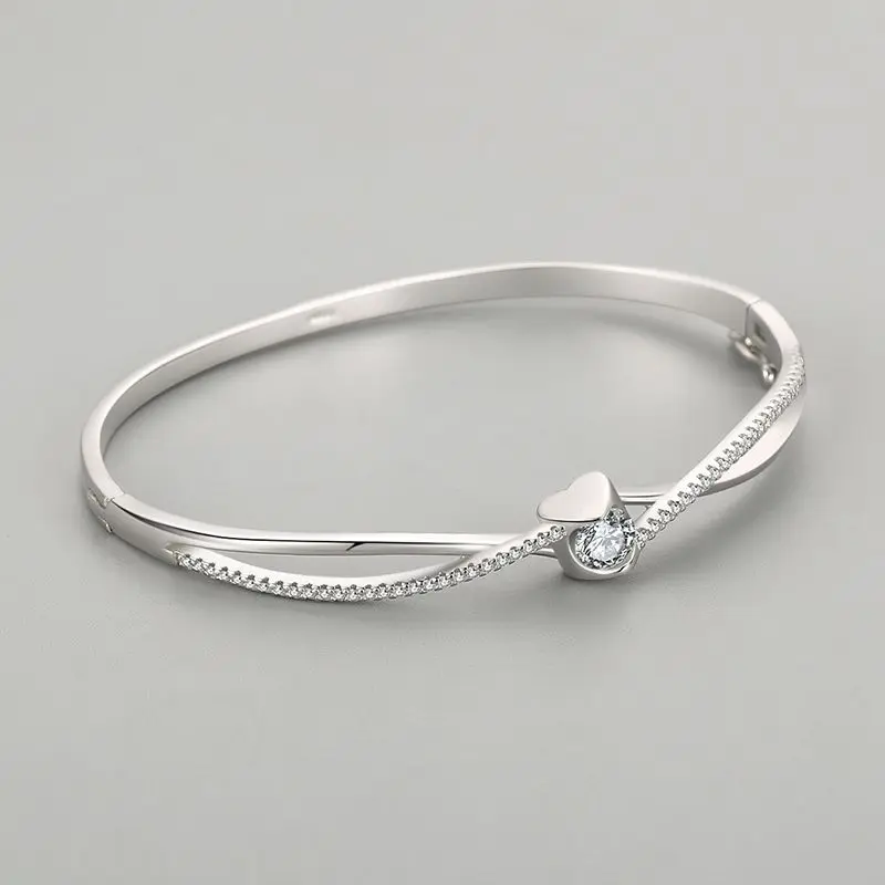 925 Sterling Silver Bangle - Double Layer Cross Heart