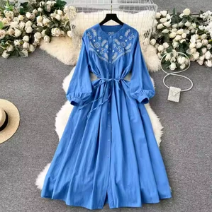 New Arrival Vintage Women's Clothing Custom-made Eco-friendly Embroidery Dress Sweet Style Button for Spring/Autumn Loose Fit