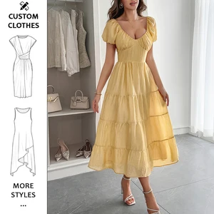 Dresses Women Lady Elegant Wholesale square Neck Bubble Sleeve Open Back Elastic Belt Layered Hem Party Dresses Women