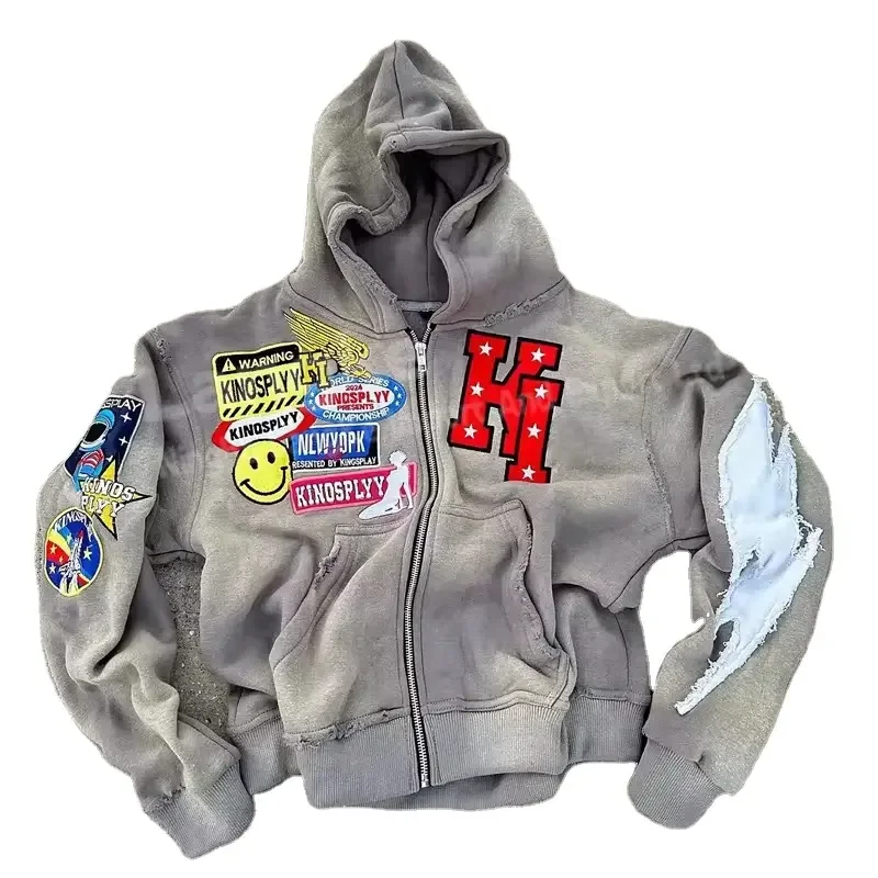 Custom Hoddies Manufacturer Heavy Vintage 500GSM Thick Boxy Fit Chenille Embroidery Sun Faded Zip up Acid Wash Hoodie for Men gallery 2
