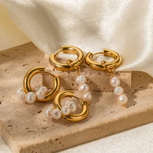 Ins Hot 18k Gold Asymmetric Pearl Drop Earring Stainless Steel Fresh Water Pearl Hoop Earring for Women Girls