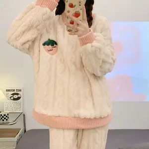 Hot Sale Winter Women's Pajamas Set 2pc Warm Soft Flannel Ladies Sleepwear Coral Fleece Velvet Cartoon for Girls Night Suit