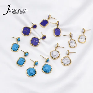 High Quality Luxury Exquisite Dyed Gemstone Hexagon Design Fashion Gold Edge Amethyst Drop Pendant Earrings Stainless Steel
