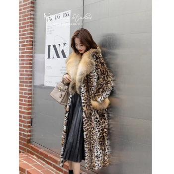 2021 new imported leopard-print mink coat female real mink long fox fur collar hot sale fashion keep warm