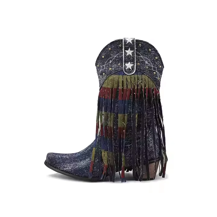 Ladies Calf Boots Size 34-43 Denim Fringe 5cm Block Heel Women Western Boots - Image 1