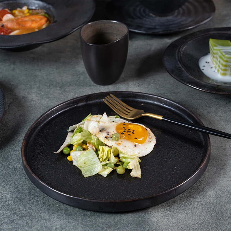 Yayu Rustic Cheap Ceramic Dinner Plates Natural Green Stone Round Hotel Porcelain Black Shallow Dished Crockery Restaurant