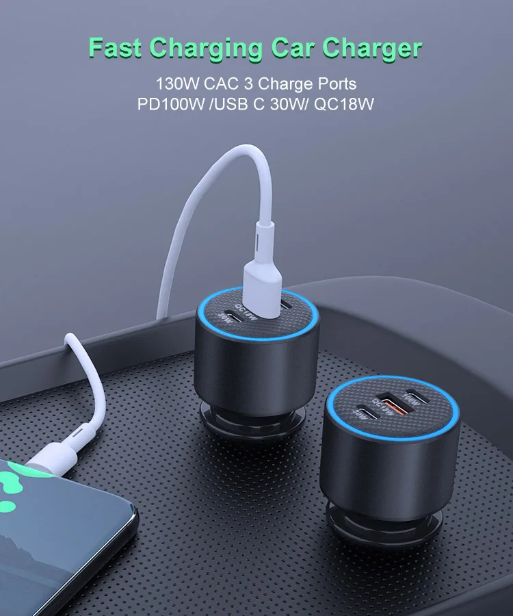 130W Dual-Port Car Phone Charger Fast Charging
