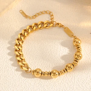 Hot Selling Wholesale Stainless Steel 18K Gold Plated Adjustable Bracelet with Bead Splicing Cuban Chain for Wedding