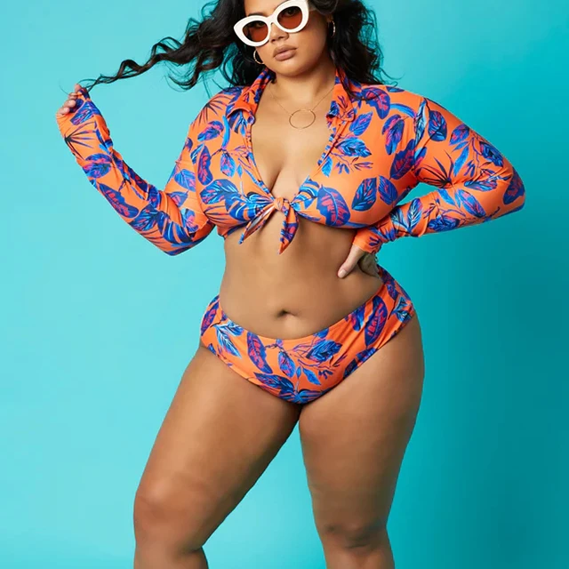 High End Orange Full Floral Print Plus Size Bathing Suits For Women Long Sleeve Front Tie Designer Bikinis Sets