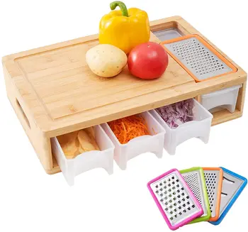 Extensible Bamboo Cutting Board Set With 4 Containers For Kitchen
