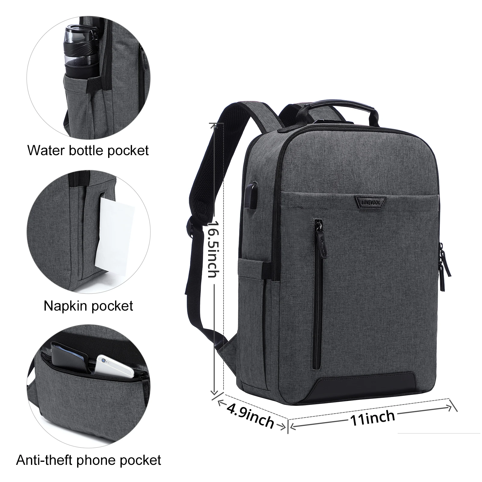 Zaino LOVEVOOK 15.6 Pollici per Laptop, Grande Capacità, con Lucchetto Antifurto, per Lavoro e Università