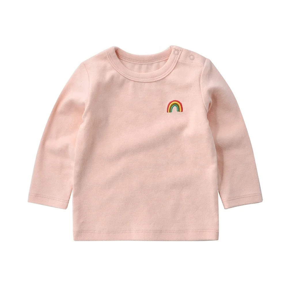 Оптовая продажа с фабрики на заказ, детские топы из органического хлопка с длинными рукавами и радужной вышивкой на груди для девочек