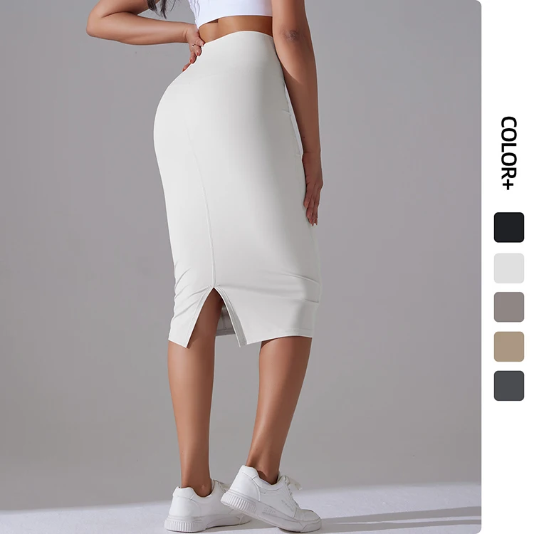 Women Girls Sexy Nude Feeling Mid-length Vent Package Hip Skirt Casual Solid Color High Waist Yoga Dress