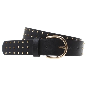 Fashion designer ladies gold studs vegan belt with zinc alloy buckle studded custom pu belt women belts