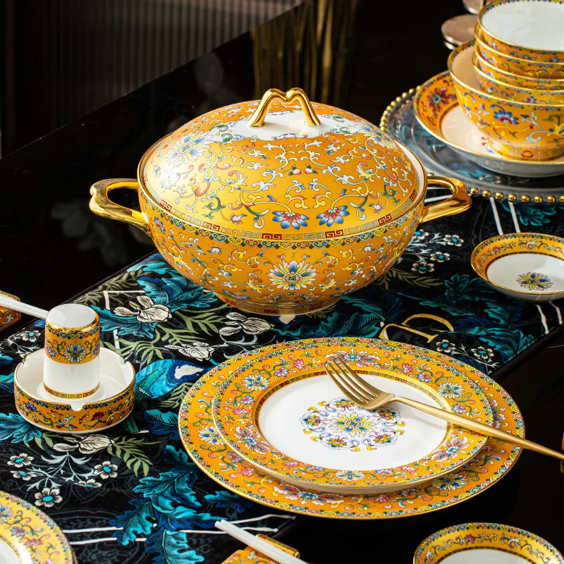 Porcelain Square Yellow Dinnerware Sets Golden Edge Line Flower