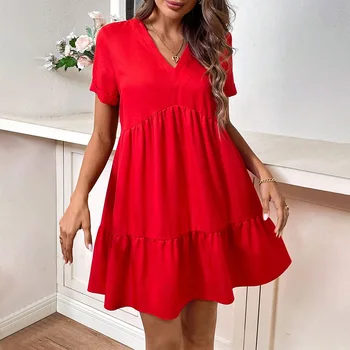 2024 women's European American small V-neck casual loose large dress short sleeve vacation red dress