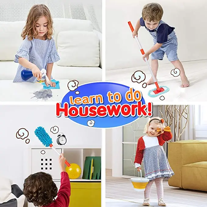 Hot Selling Pretend Play Toy Cleaning Set, Cleaning Stroller Toy,  Detachable Cleaning Kit Housekeeping Toys for Kids