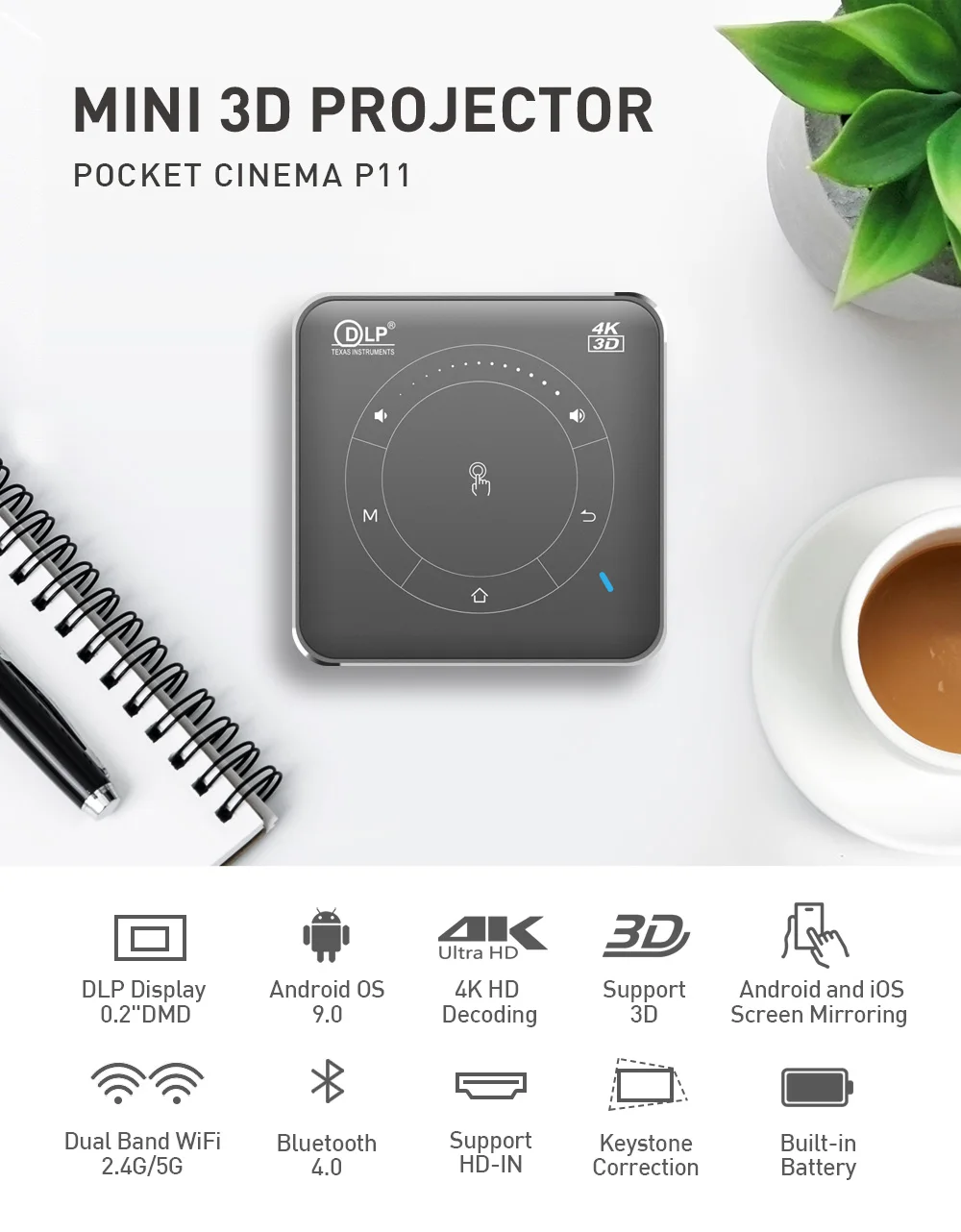 P11 4K HD DLP Mini Proyector 3D 4G + 32G Smart Micro Proyector