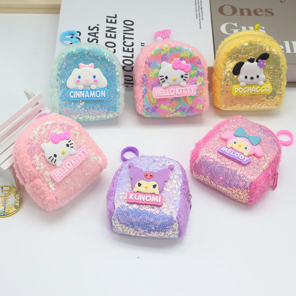 New Colorful Sequin Plastic Coin Purse Cartoon Cute Mini Children's Plush Foldable Hook Loop Closure Keychain Pendant Earphone - Image 2