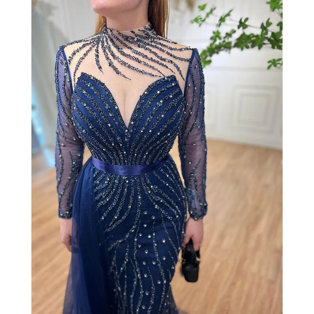 Navy Blue Mermaid Evening Gown with Beaded Full Sleeves  Elegant Long Dress  for Parties and Bridal Events 2022 Trend