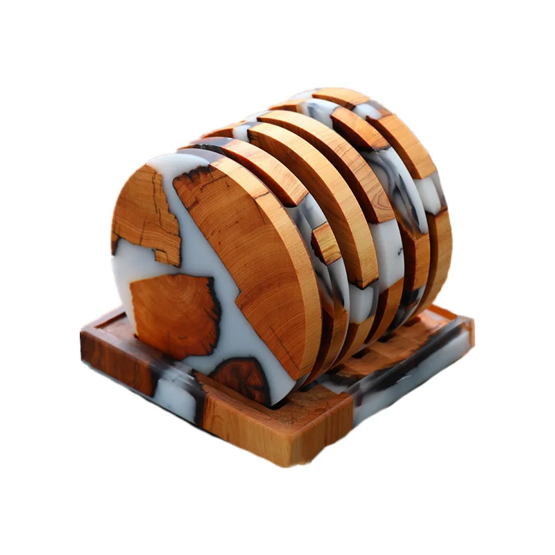 Top Quality Customize Square Round Epoxy Wood Resin Coaster With Holder Set