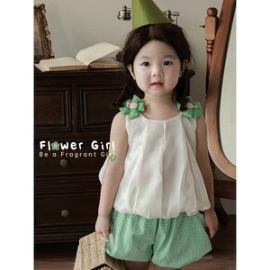 High Quality Wholesale New Design  Flower Shirts Stripe Green Shorts Summer Kids Girls Clothing