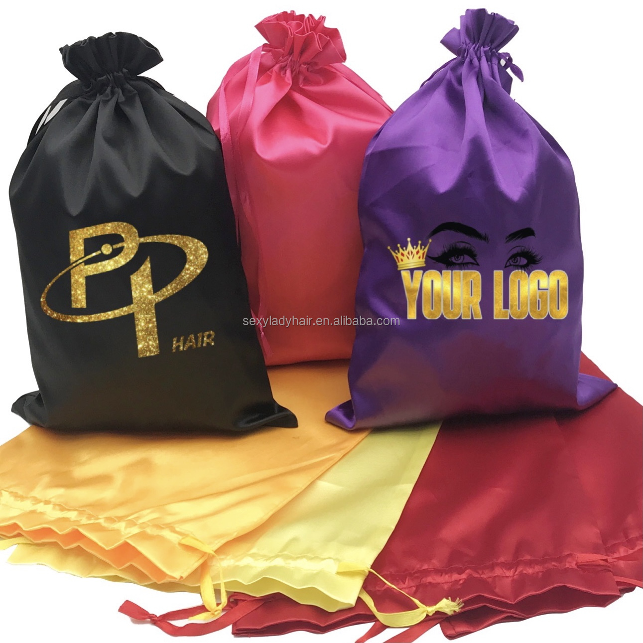 Wholesale Custom Logo Drawstring Packaging Satin Wig Bag Human Hair