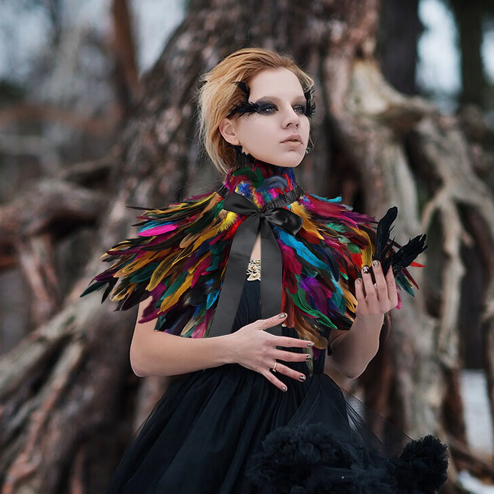 Gothic Black Feather Cape Shawl with Demon Horns for Women 