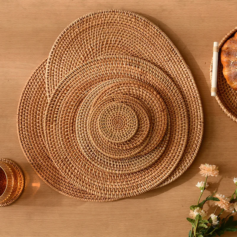 Wholesale Natural Round Woven Placemats Handmade Rattan Coaster Set