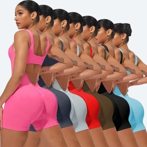 Women's Seamless Yoga Jumpsuit V-Waist Beautiful Back Fitness Sportswear Tummy Control Solid Streetwear Yoga Bodysuit for Summer