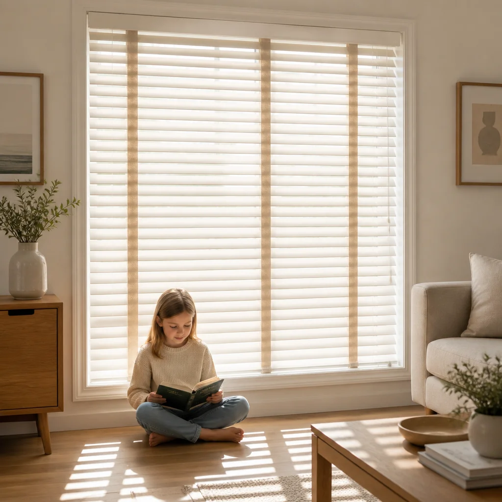 Venetian Blinds 50mm Solid Wood Horizontal Built-In Wide Ladder Tape Pull Cord Painted White Custom Size Living Room Family Safe