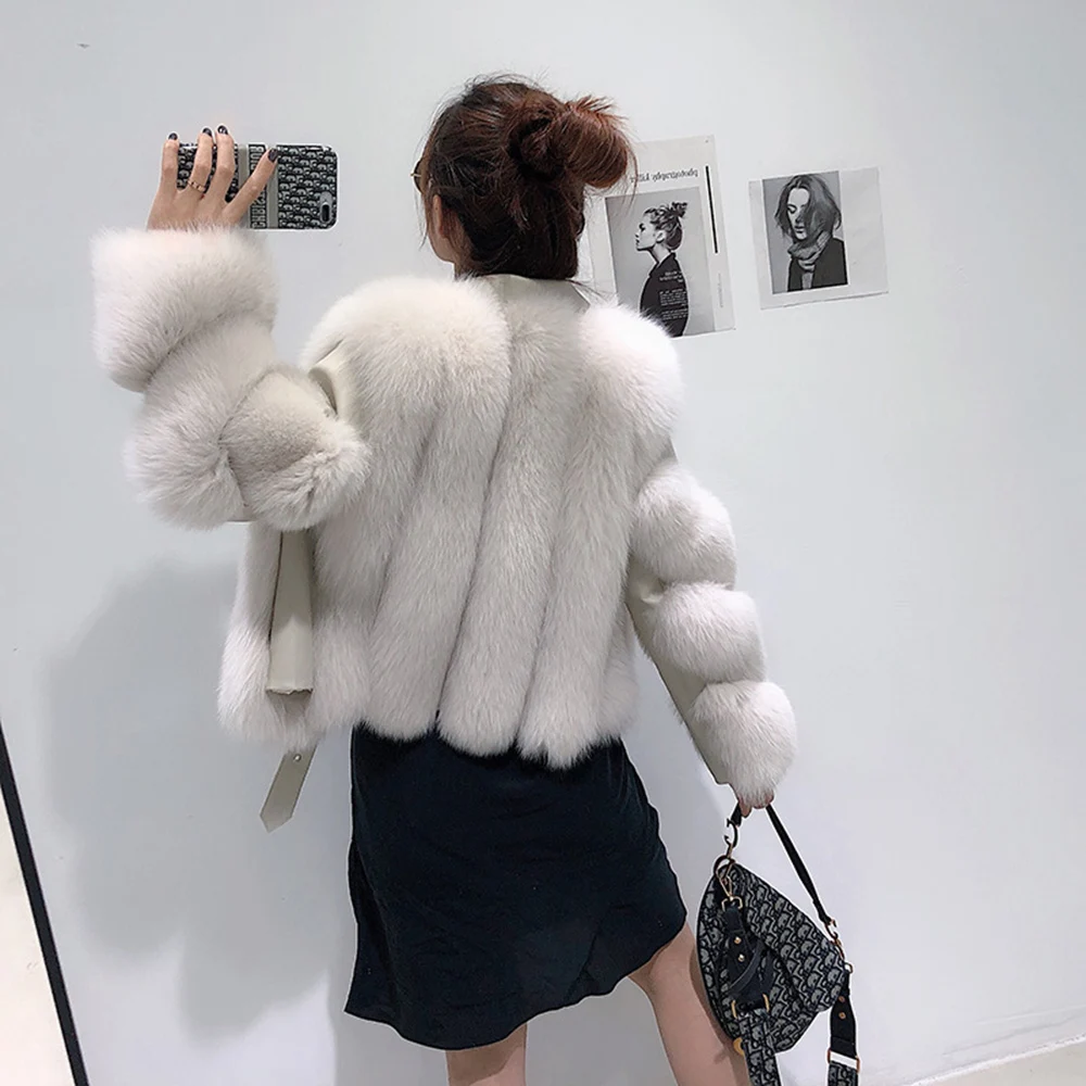 New Fashion Genuine Sheepskin Leather Fur Jacket Women Real Leather Fox Fur Coat
