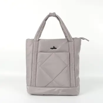 Women's Portable Nylon Quilted Shoulder Puffer Tote Handbag Zipper Closure with Embroidery Decoration for School Daily Travel