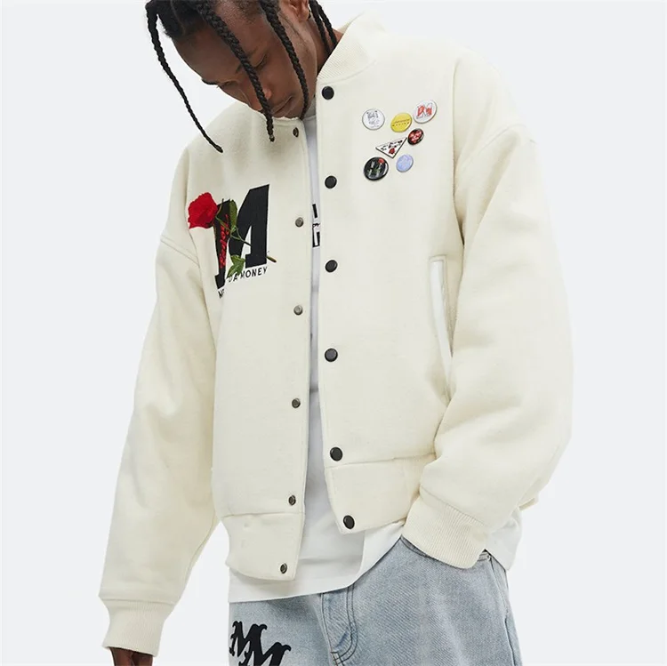 Embroidered Clouds Woolen Varsity Jacket