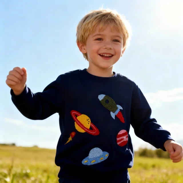 Casual Style Autumn Boys Cotton Sweatshirt Cartoon Embroidered Pattern Anti-Shrink Feature for 2-7Y Kids