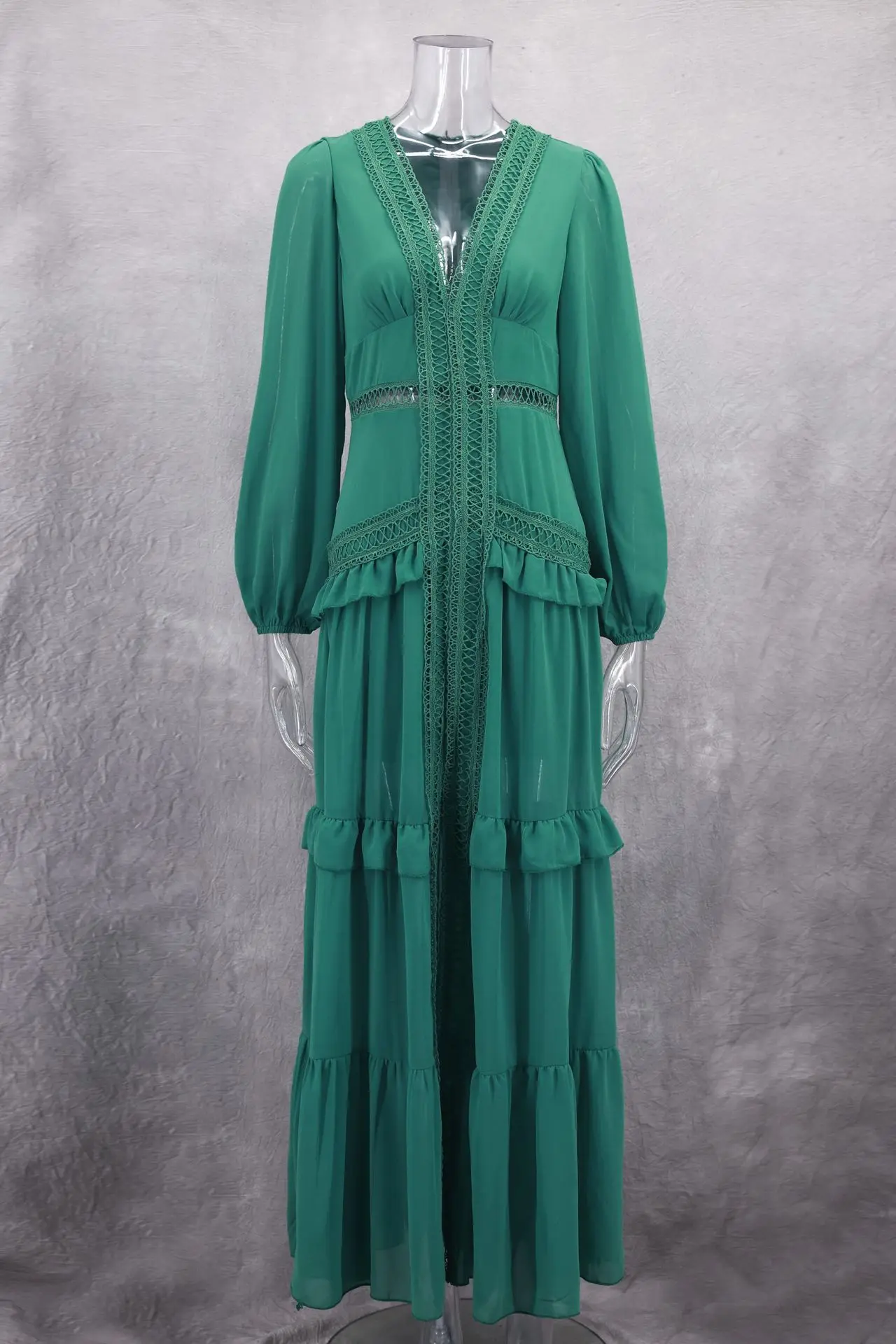GX0067 Fashion 2024 Elegant Long Sleeve V-neck Evening Maxi Dresses Spring  Autumn Sexy Temperament Slim Fit Chiffon Party Dress