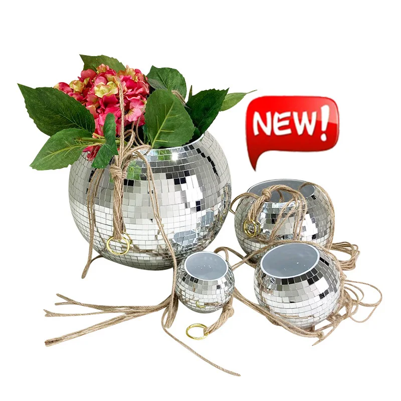 6 Inch 8 Inch Mirror Disco Ball Planter Pot With Chain Macrame Rope