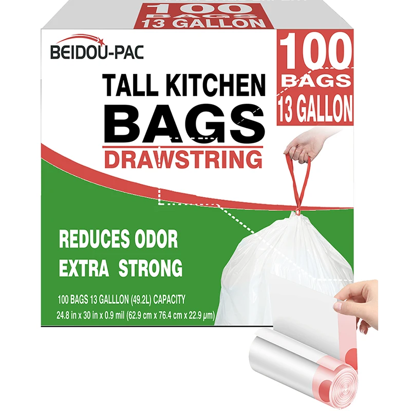 Custom Plastic Pe 13 Gallon Free Tie White Kitchen Trash Bags Multifold