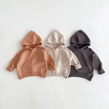 Autumn New Style Korean Children's Sweater Retro Knitted Hooded Jacket Large Pockets for Boys Girls Casual Solid Tops