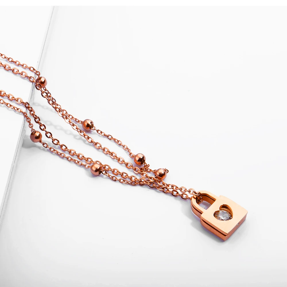 Delicacy rose gold double layer adjustable cuban chain bohemian style zircon lock pendant feet jewelry gift anklet for women