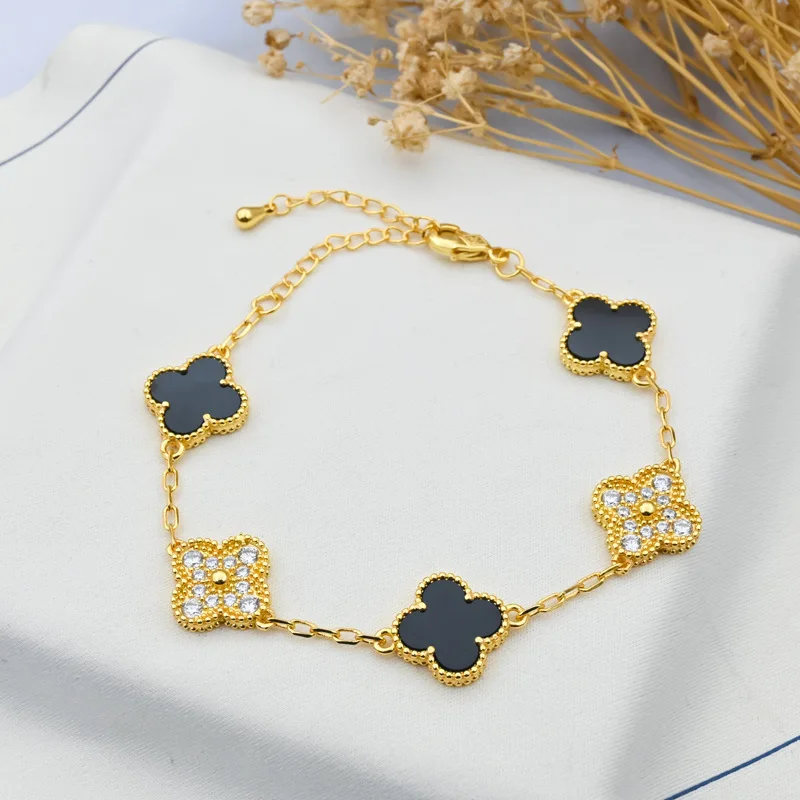 18k Gold Clover Bracelet Diamond Stainless Steel Non Tarnish Waterproof ...