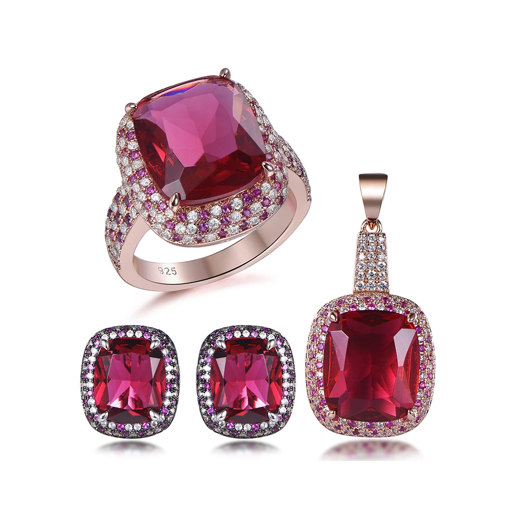 pendant earrings and ring 3pcs 925 sterling silver jewelry sets Hawaiian ruby glass jewelry sets for women luxury jewelry set