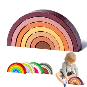 Hot Selling Custom Montessori Wooden Rainbow Building Blocks Stacking Toy 10pcs Rainbow Stacker Early Educational Toys for Kids