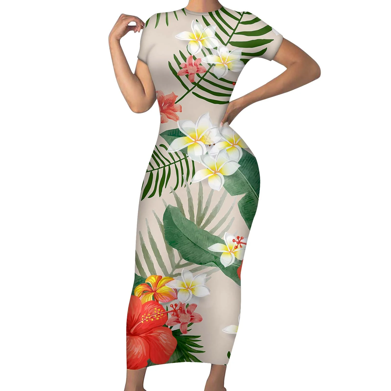 Plus Size Hawaiian Floral Print Bodycon Dress - Short Sleeve Maxi Dress for  Casual Parties - Eco-Friendly Women's Apparel